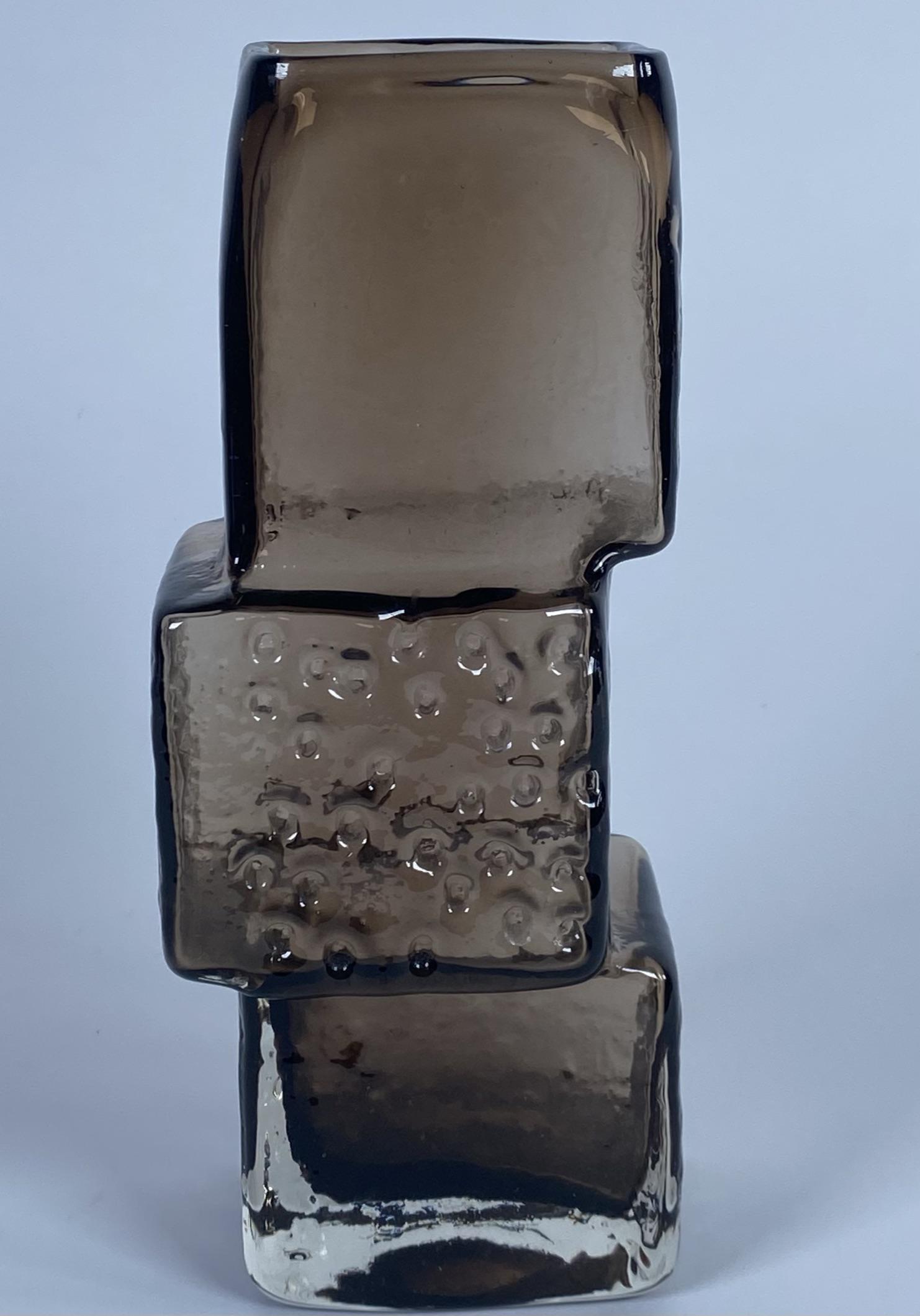 GEOFFREY BAXTER ART GLASS: GEOFFREY BAXTER (BRITISH, 1922-1995). "DRUNKEN BRICKLAYER", WHITE FRIARS, OFFSET CUBOID FORM. SIGNED. 8.5"