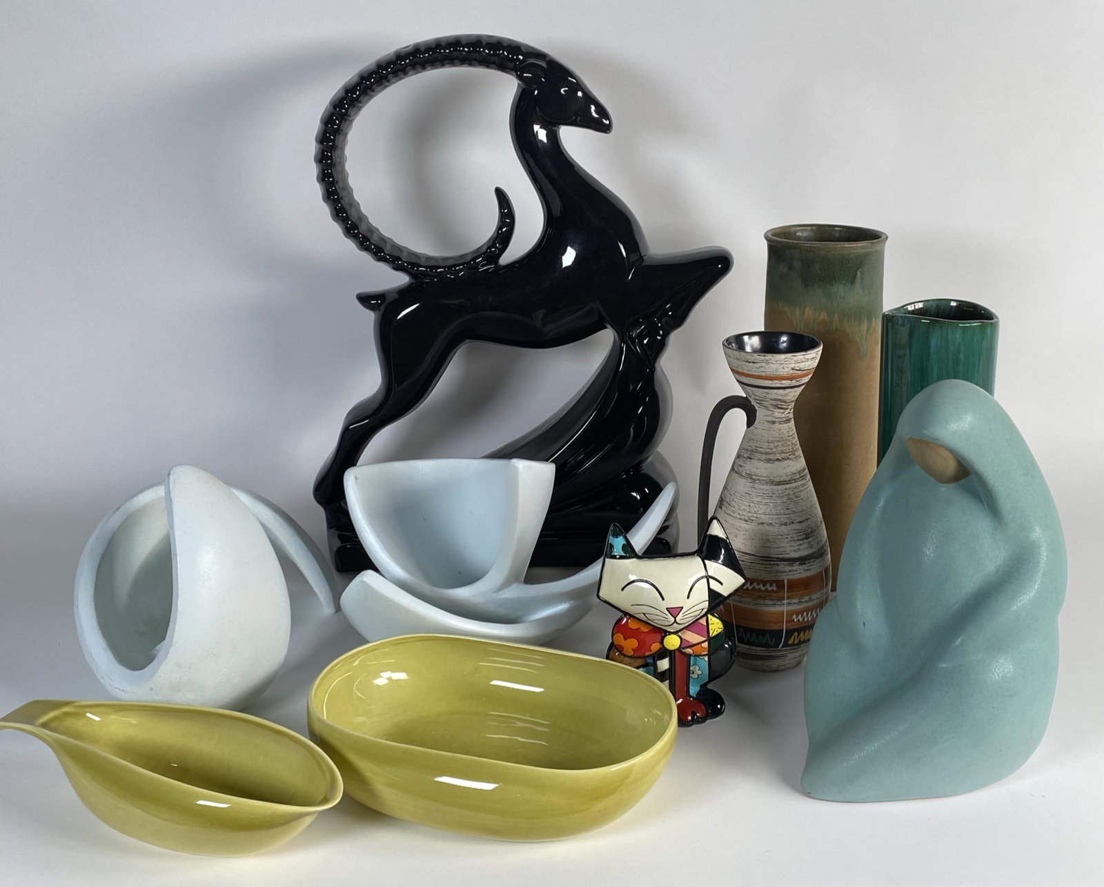COLLECTION OF DECORATIVE OBJECTS: INCLUDES CERAMIC IBEX, STUDIO POTTERY, MODERN ABSTRACT SCULPTURES, BRITTO CAT, RUSSELL WRIGHT PAIR, JACK BLACK NATIVE-AMERICAN POTTERY SCULPTURE OF WOMAN, ITALIAN POTTERY PITCHER