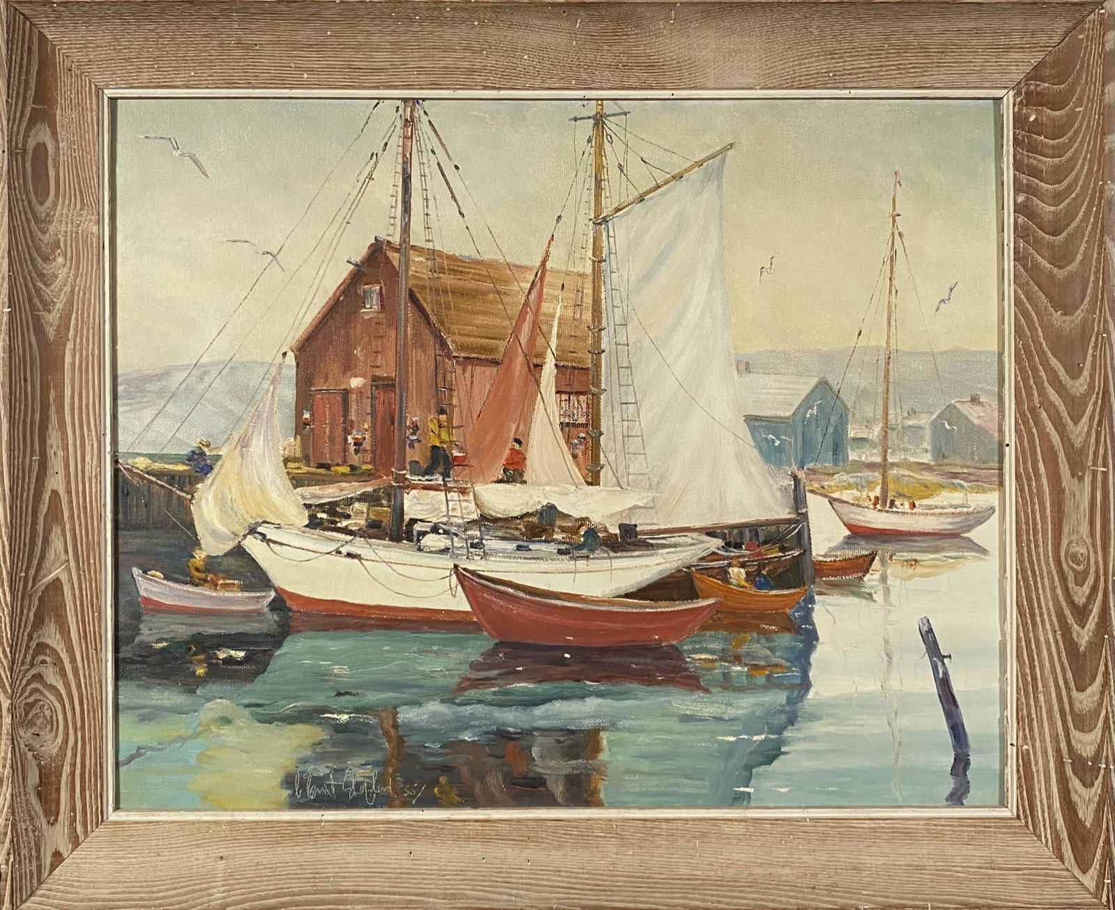 C.ERNEST SHEPHERD PAINTING: C. ERNEST SHEPHERD (AMERICAN C.) OIL ON MASONITE PAINTING OF ROCKPORT HARBOR. SIGNED AND DATED 1955, FRAMED, 30 X 36