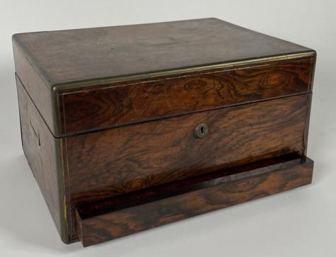 19TH C. ENGLISH TRAVEL BOX: EXOTIC WOOD, BRASS FITTED. CONCEALED MIRROR. LOWER DRAWER IS NOT KEEPING CLOSED. 12X9X7