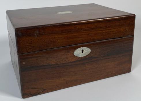 19TH C. ENGLISH TRAVEL BOX: EXOTIC WOOD, BRASS FITTED WITH MOTHER OF PEARL. CONCEALED MIRROR. MISSING SOME INTERIOR LINING. 11.75X.5X6.5