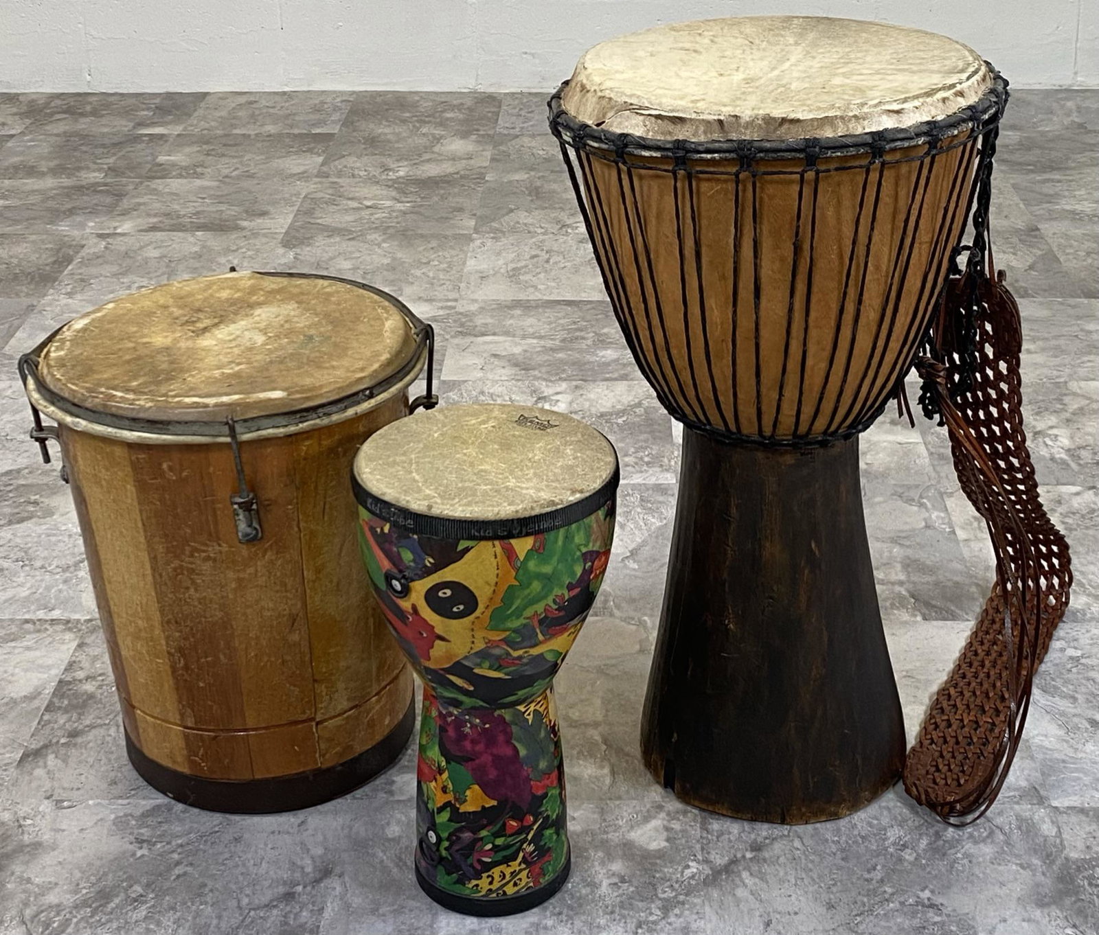 TRIO OF BONGO DRUMS: LARGEST IS 26"H