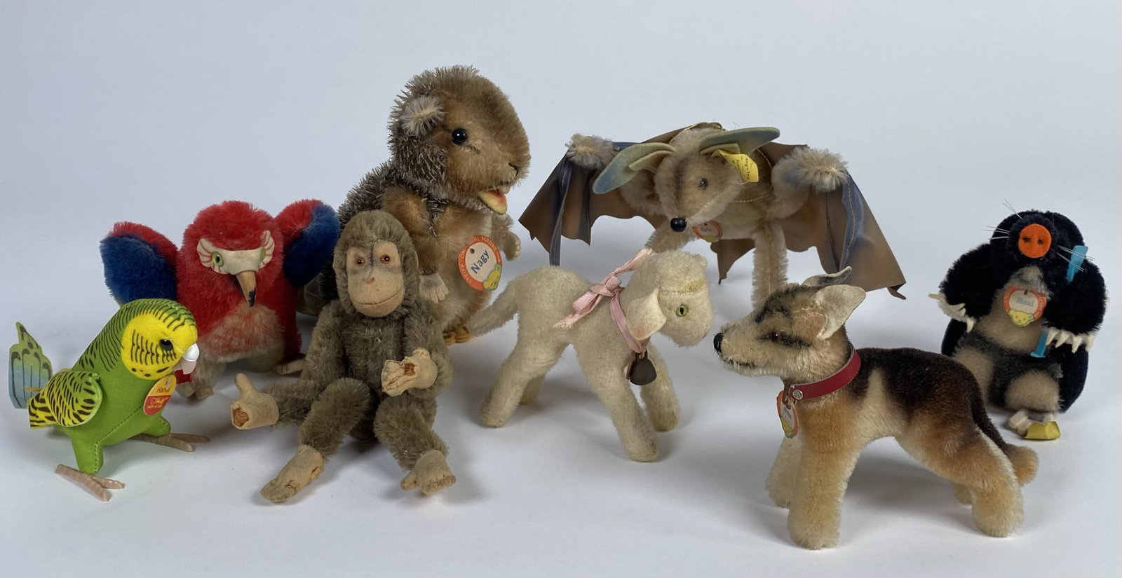 VINTAGE STEIFF PLUSH COLLECTION: SOME WITH TAGS. LARGEST IS 9"