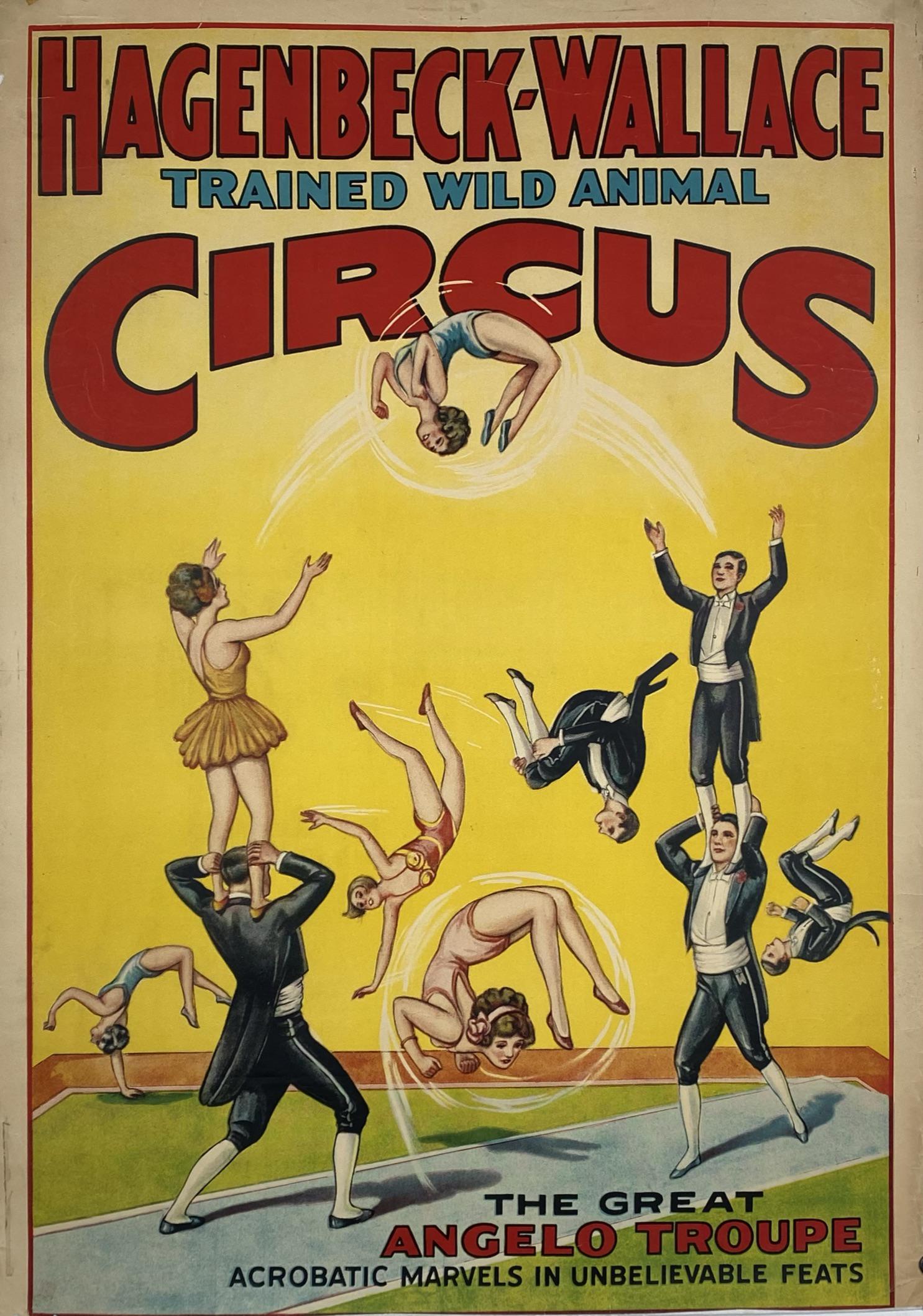 HAGENBECK-WALLACE CIRCUS POSTER: ONE SHEET, 1934. FEATURING THE ANGELO TROUPE, ACROBATIC MARBLES IN UNBELIEVABLE FEATS. CHARTEX-BACKED, CONSERVED. LOWER BORDER IS TRIMMED. IMAGE 28"X40"