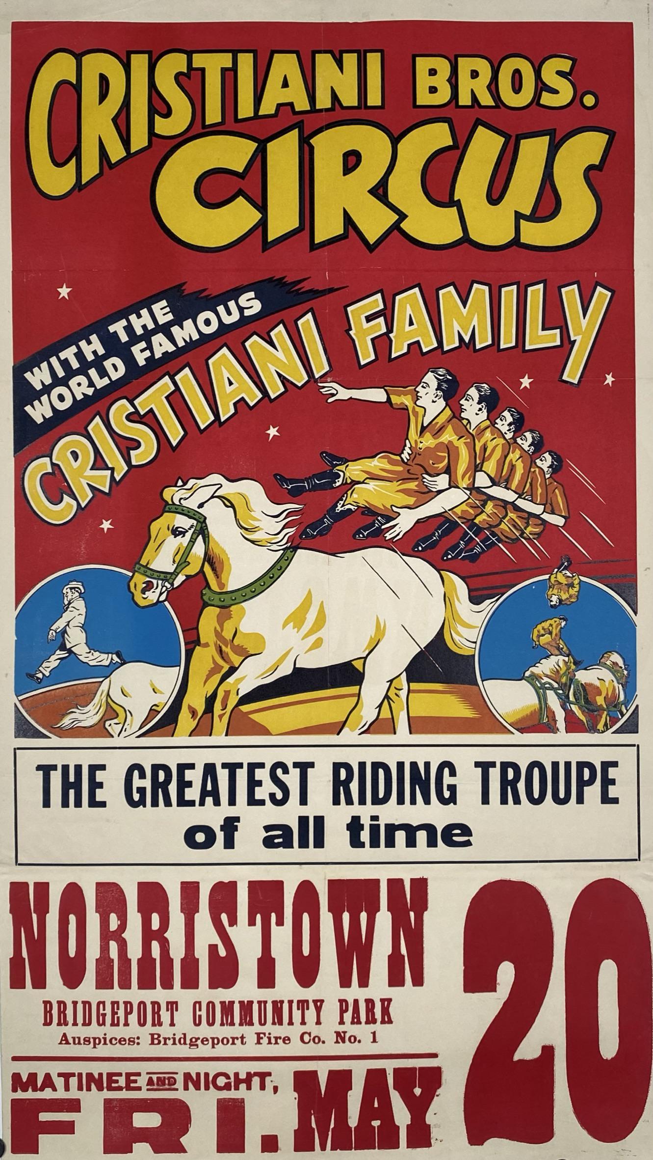 CRISTIANI BROS. CIRCUS - CRISTIANI FAMILY: HALF SHEET WITH DATE TAIL, 1950'S. FEATURING THE WORLD FAMOUS CRISTIANI FAMILY. CHARTEX MOUNTED, VERY GOOD. IMAGE 20.5"X37"