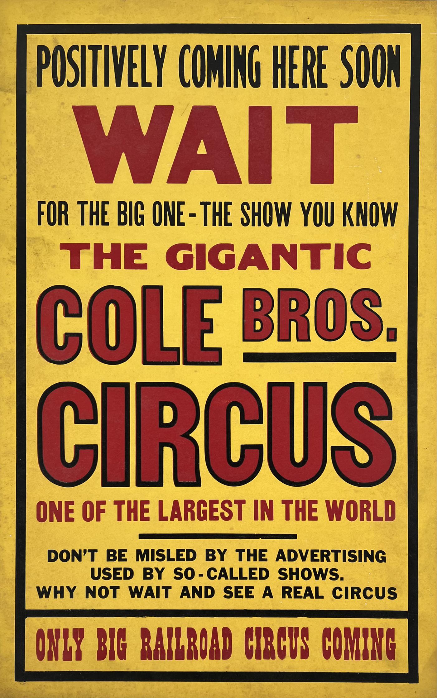 COLE BROS. CIRCUS WINDOW CARD (1 of 1)