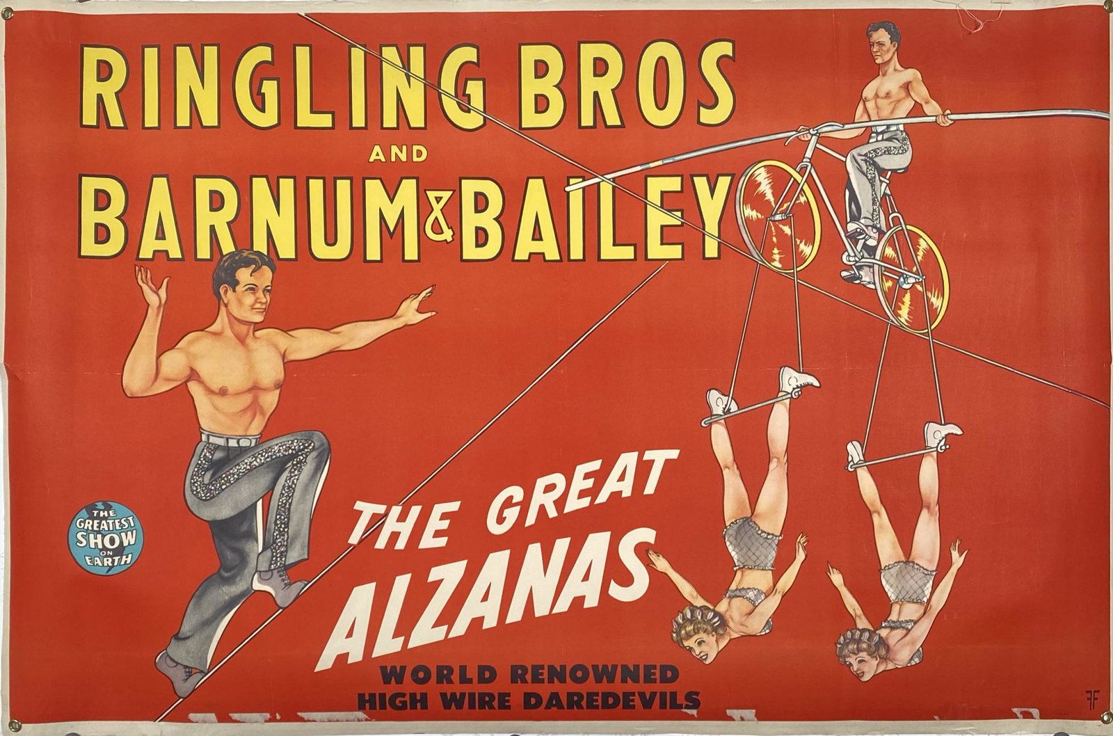 RINGLING BROS. AND BARNUM & BAILEY CIRCUS POSTER: ONE SHEET, FORREST FREELAND ARTIST, 1940'S. LINEN-BACKED, GROMMETS, REMNANTS OF DATE TAIL. IMAGE 27"X41"