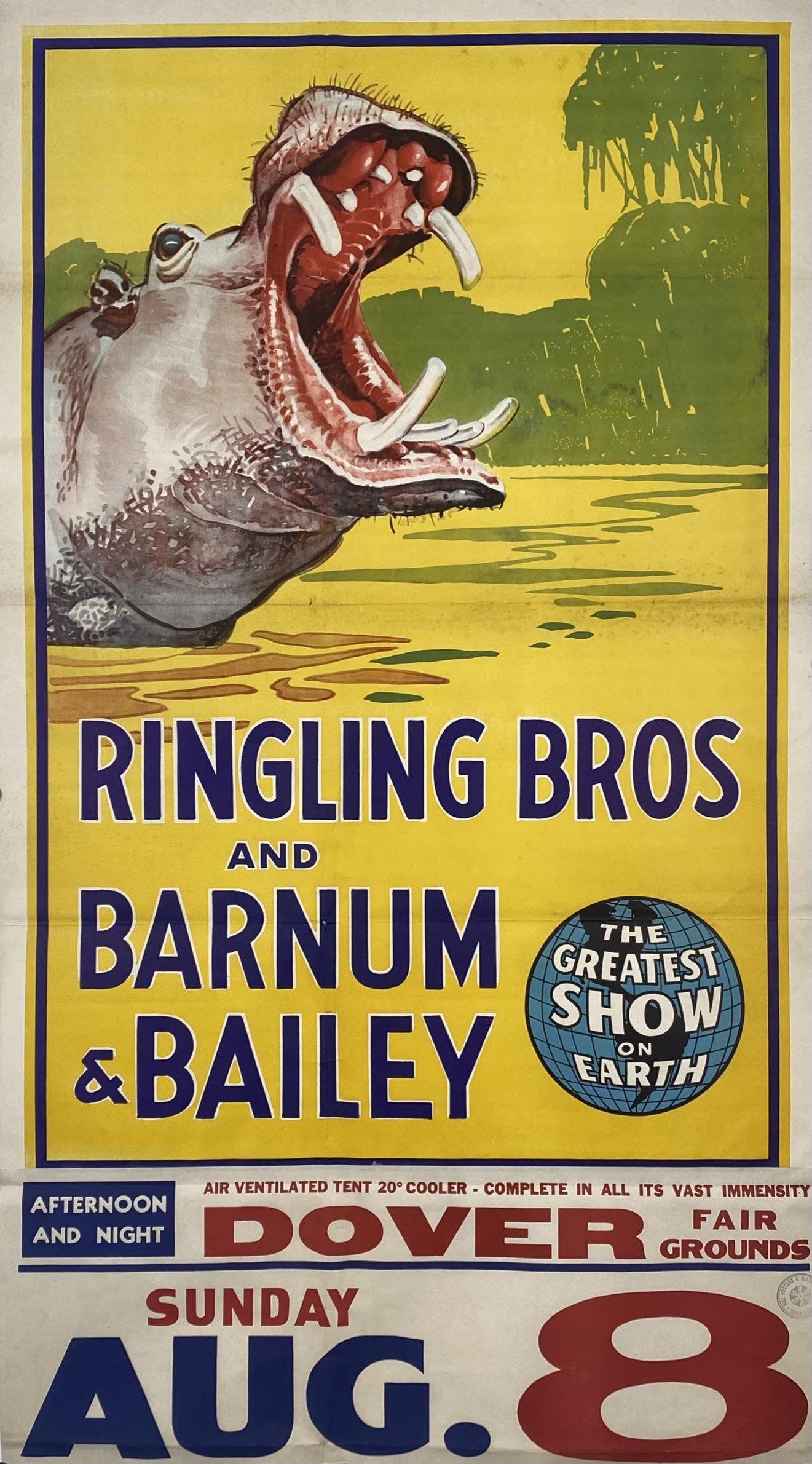 RINGLING BROS. AND BARNUM & BAILEY CIRCUS POSTER: ONE SHEET WITH DATE TAIL, 1942. TITLE WITH HIPPO. BILL POSTER STAMP. UNMOUNTED, FOLDS, VERY GOOD. IMAGE 28"X50"