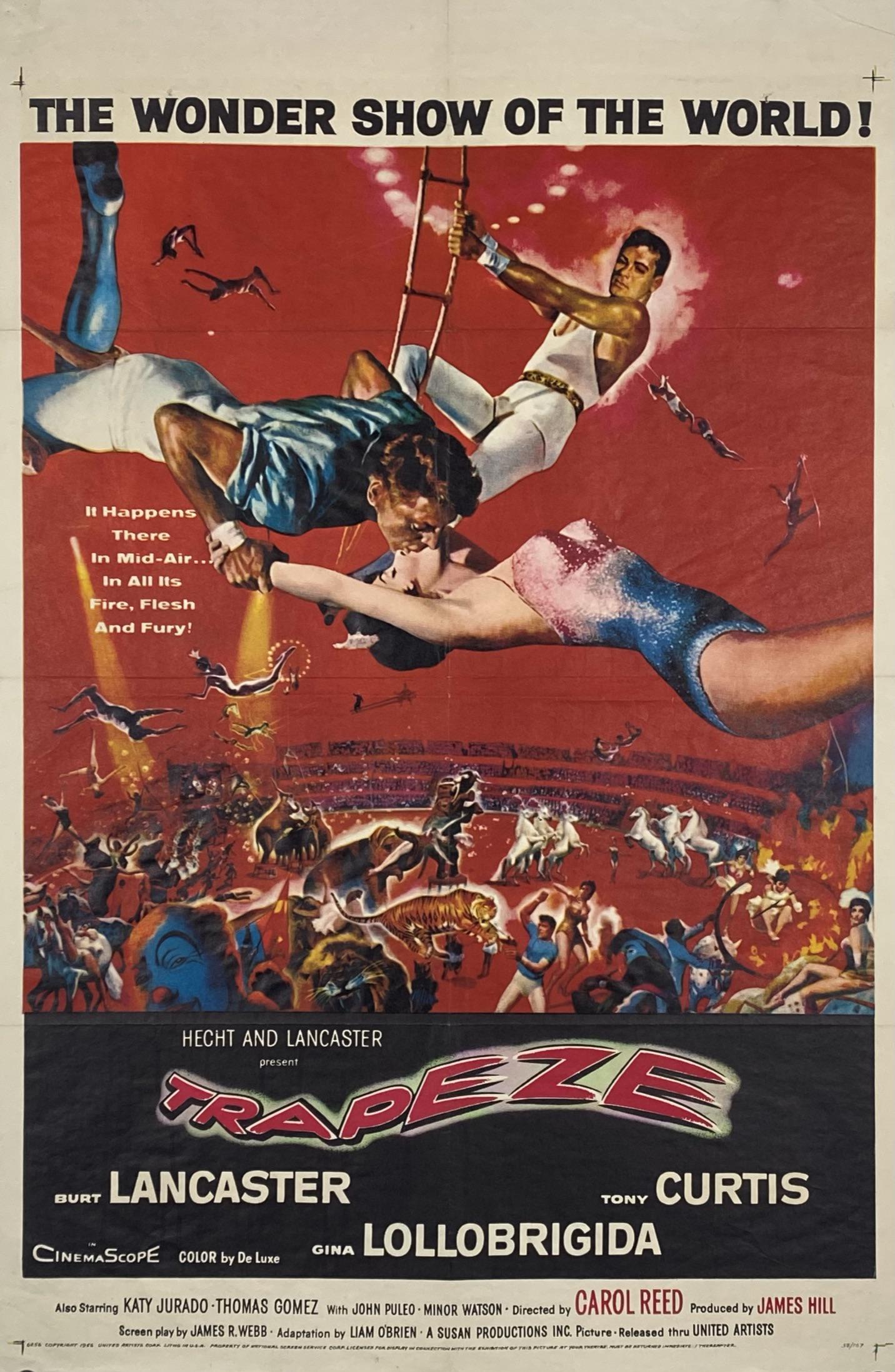 TRAPEZE FILM POSTER: ONE SHEET. STARRING BURT LANCASTER, GINA LOLLOBRIGIDA, TONY CURTIS, 1956. UNMOUNTED, FOLDS. IMAGE 27"X41"