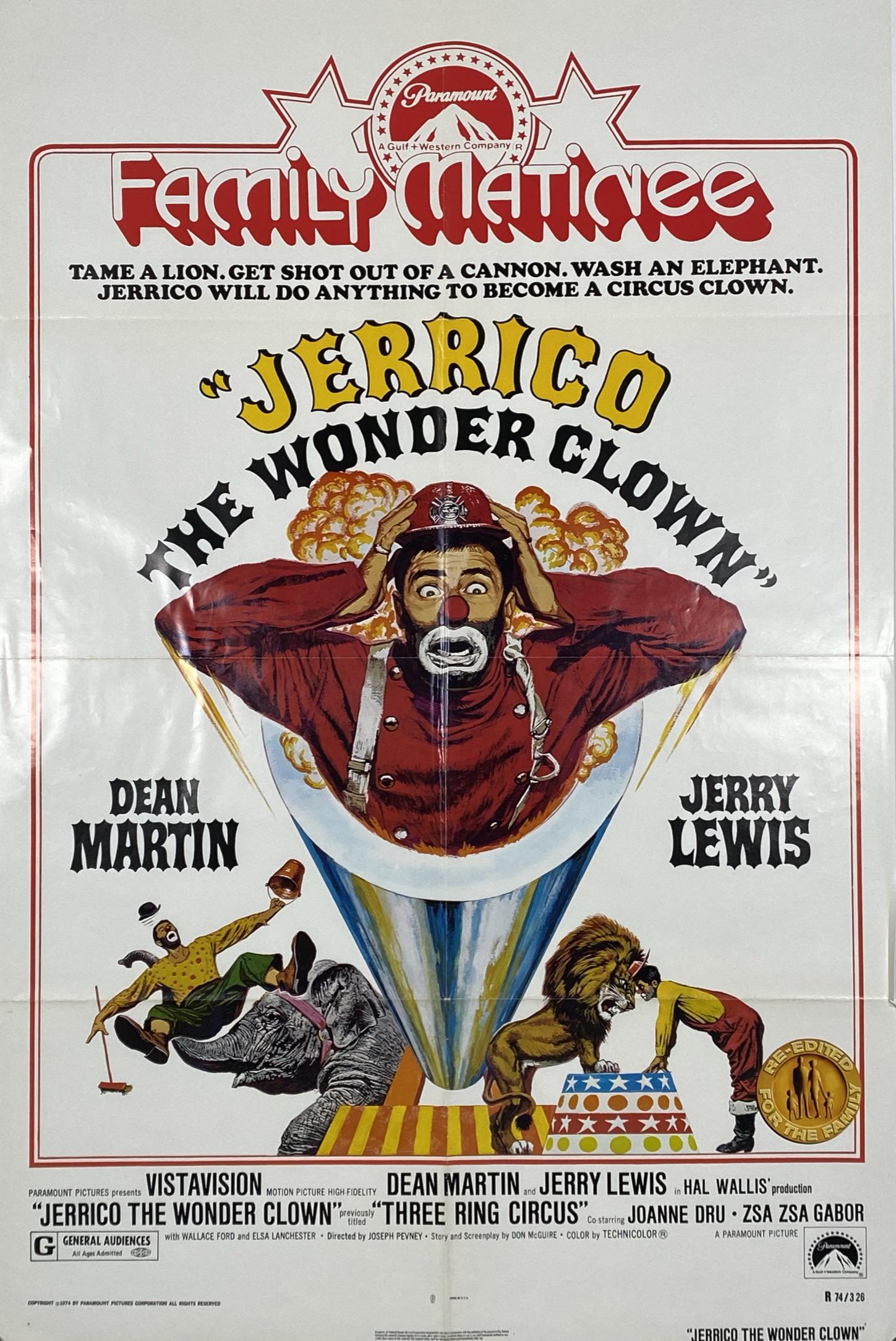 JERRICO THE WONDER CLOWN FILM POSTER: ONE SHEET. STARRING DEAN MARTIN AND JERRY LEWIS, 1974. UNMOUNTED, FOLDS. IMAGE 27"X41"