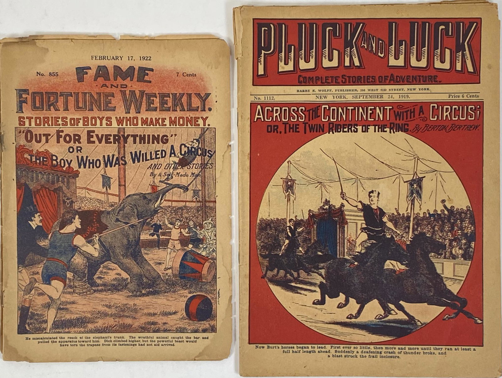 PAIR OF CIRCUS ADVENTURE BOOKS: FAME AND FORTUNE WEEKLY - STORIES OF BOYS WHO MAKE MONEY - 1922; PLUCH AND LUCK - COMPLETE STORIES OF ADVENTURE - 1919.