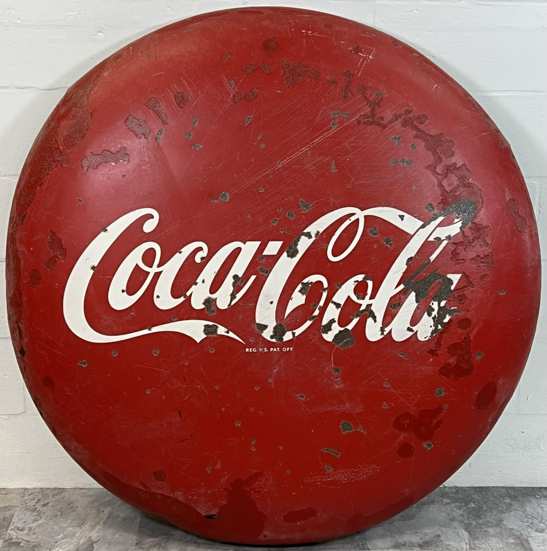 LARGE COCA-COLA METAL BUTTON SIGN: ORIGINAL, VINTAGE COCA-COLA BUTTON. METAL SIGN WITH SOME PAINT LOSS AND INPAINTING. 48"