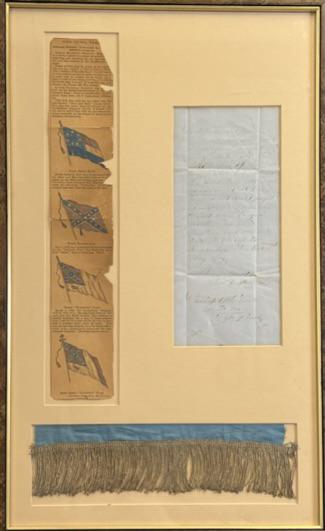 CIVIL WAR, CAPTURED CONFEDERATE FLAG: FRAMED COLLECTION OF CAPTURED CONFEDERATE FLAG FRAGMENTS, HANDWRITTEN NOTE FROM THE SOLDIER SENDING THE FLAG TO HIS MOTHER/SISTER STATING "THIS IS A FRINGE OF A REBEL FLAG THAT I GOT, THE LATE BATTLE 