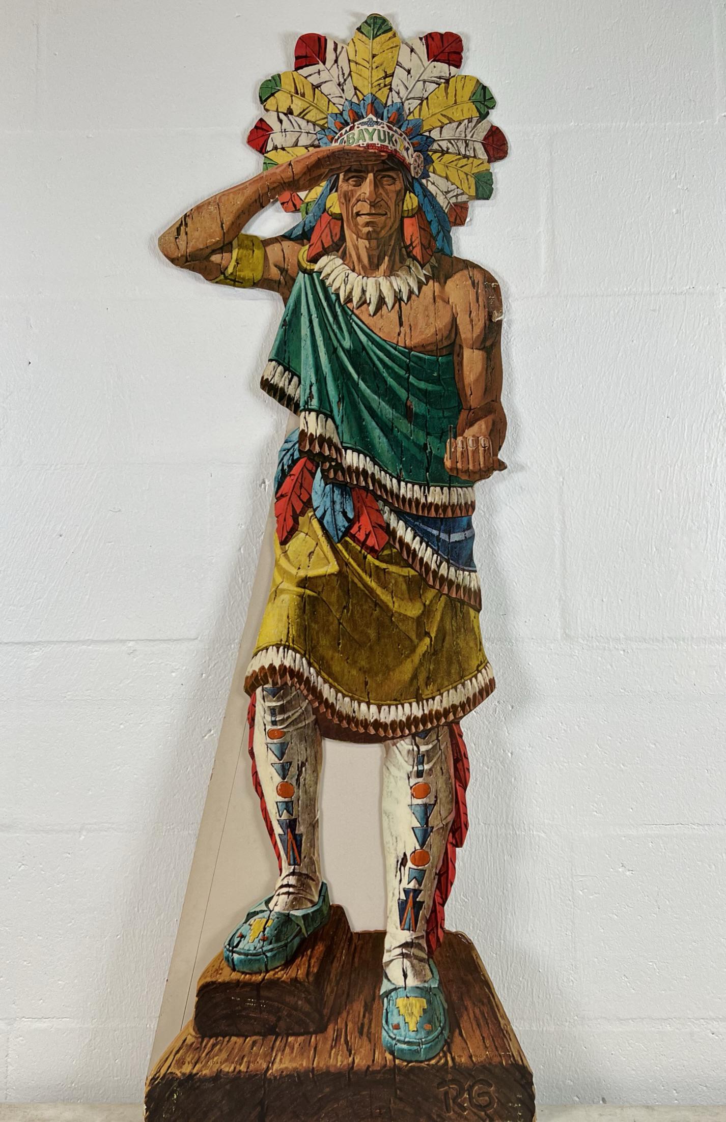 BAYUK CIGARS CARDBOARD INDIAN STAND-UP: SOME PEELING AT FEATHERS. 48"