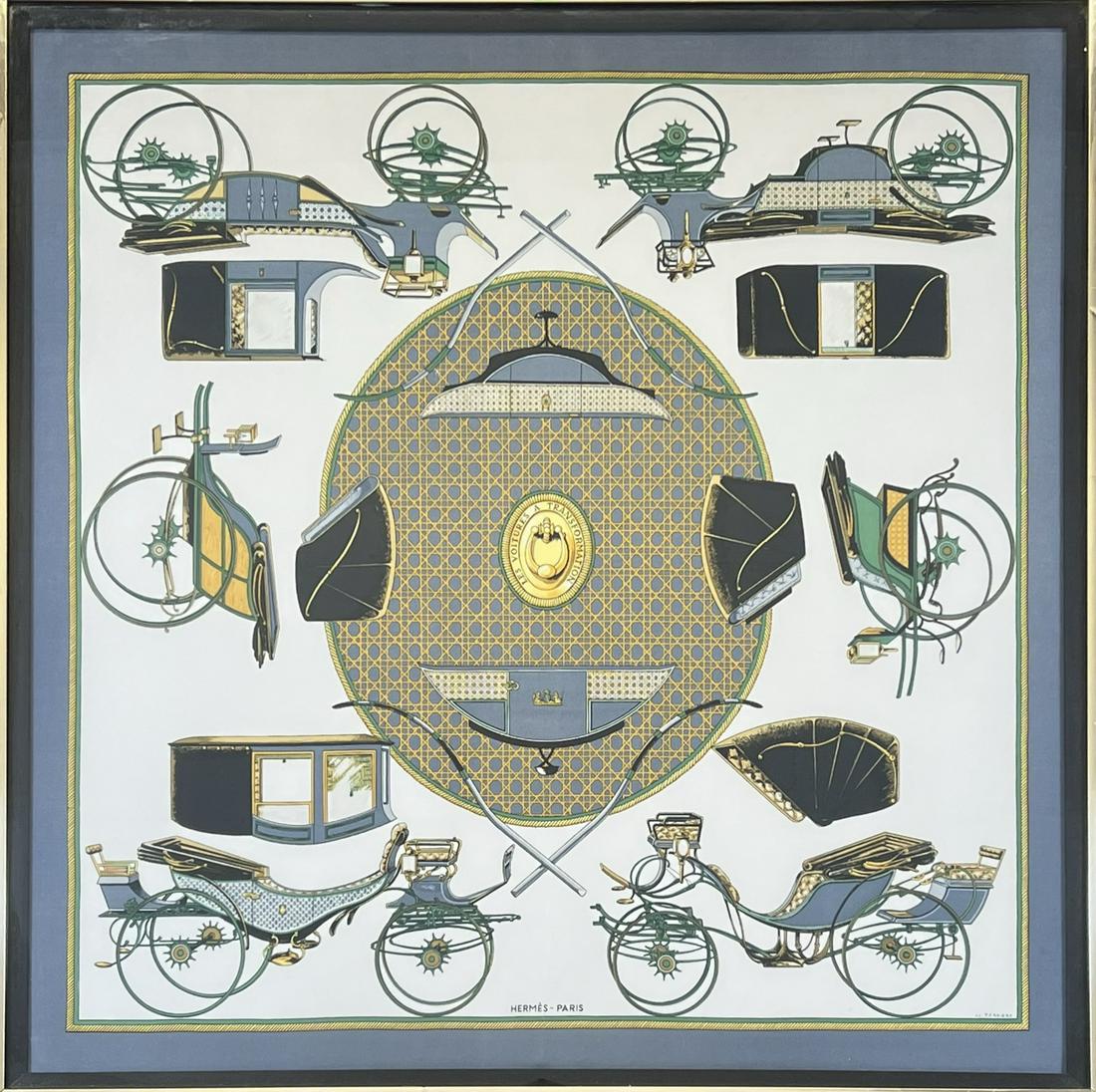 HERMES SILK SCARF: NICELY FRAMED HERMES SCARF - LES VOITURES A TRANSFORMATION - LE PERRIERE, FRANCE. SCARF HAS NOT BEEN EXAMINED OUTSIDE OF FRAME. 36"X36".