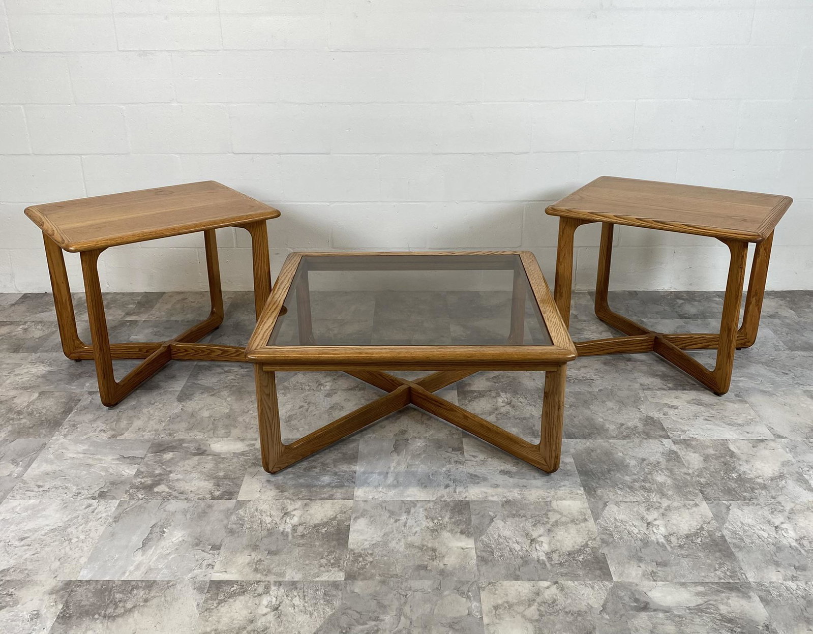LANE FURNITURE SUITE OF TABLES: INCLUDES TWO SIDE TABLES AND COFFEE TABLE WITH INSET GLASS TOP. SIDES ARE 27X22X22. COFFEE IS 34X34X15