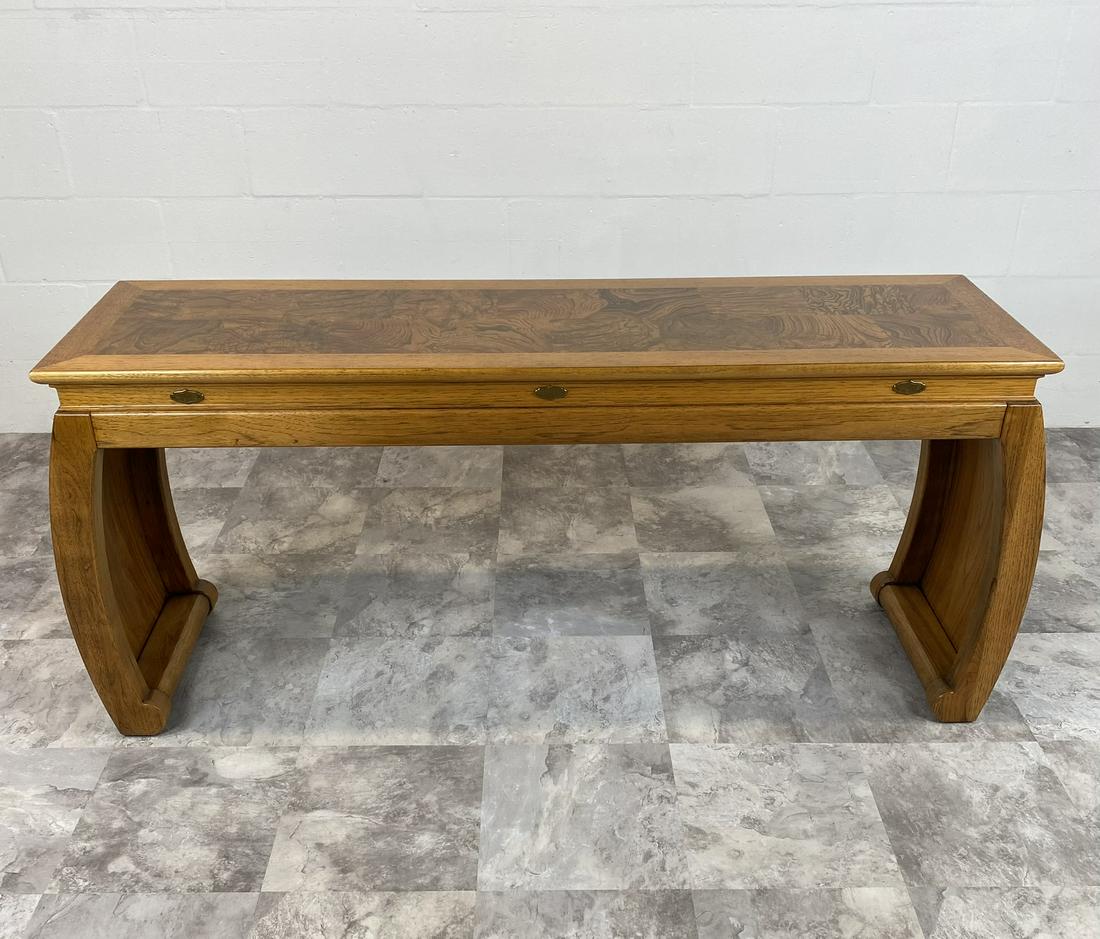 BURLED OAK CONSOLE TABLE: STAMPED "GORDONS". 57W, 16D, 26H