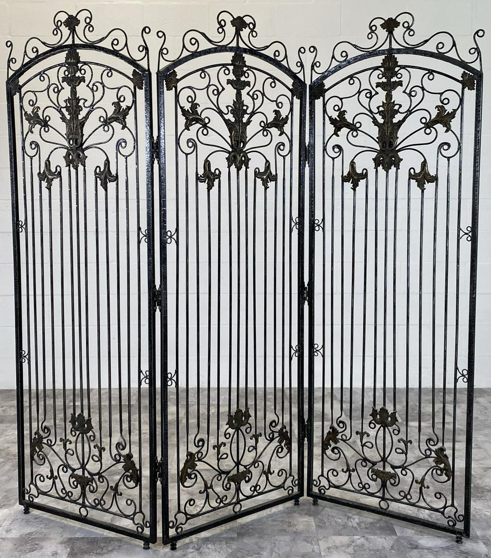 THEODORE ALEXANDER IRON SCREEN: ANTIQUED IRON THREE PART SCREEN. 78"X77"