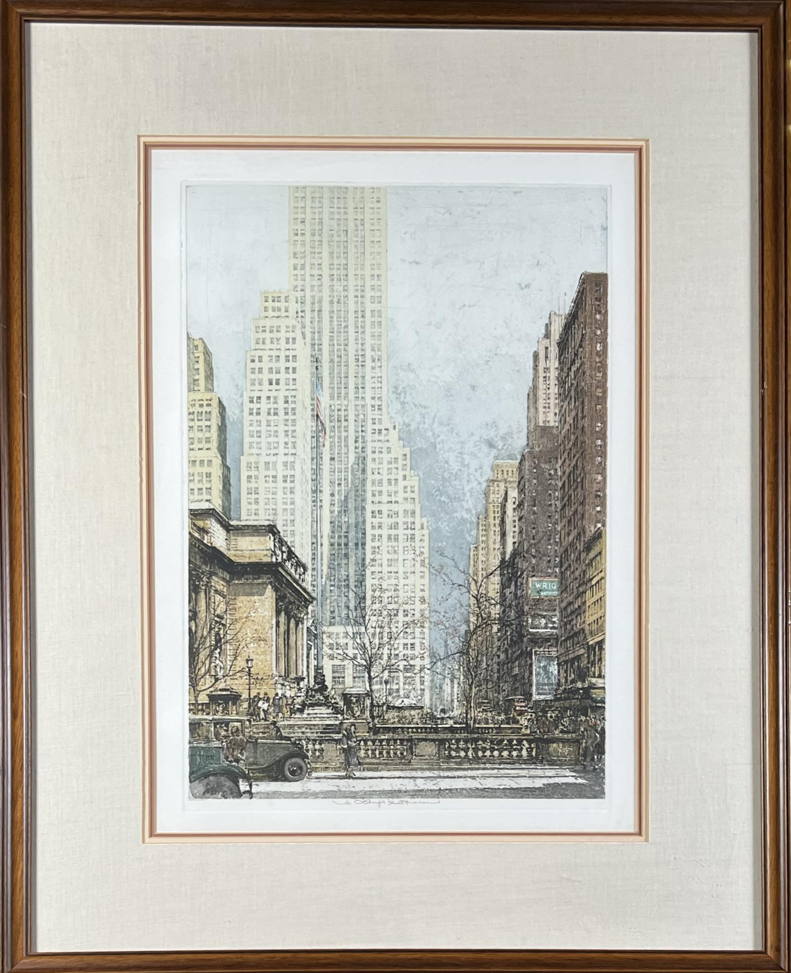 LUIGI KASIMIR ETCHING AQUATINT: 500 FIFTH AVENUE NY". FRAMED AND SIGNED IN THE MARGIN. 22"X27