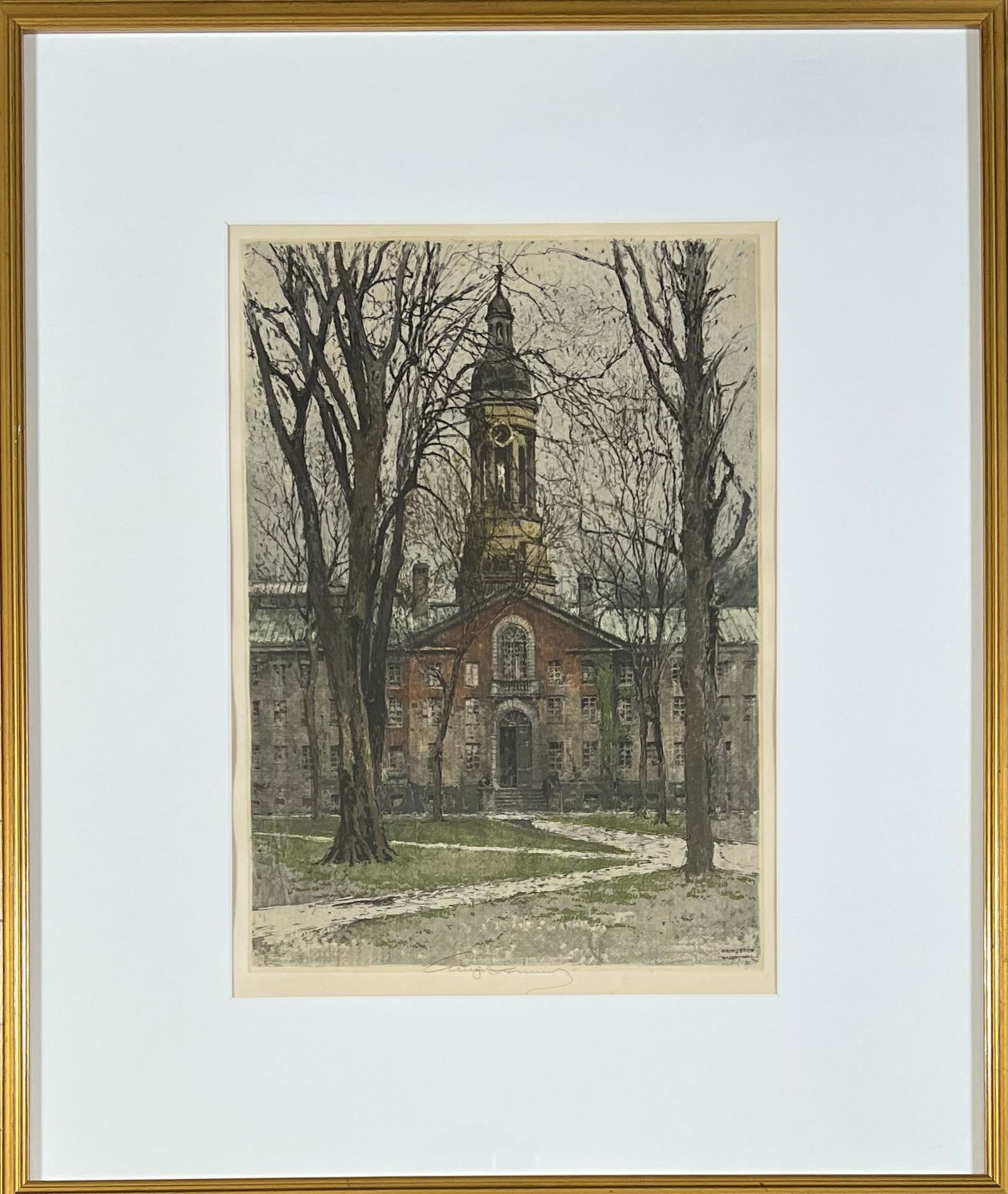 LUIGI KASIMIR ETCHING AQUATINT: NASSAU HALL, PRINCETON UNIVERSITY". SIGNED, FRAMED, 21"X25