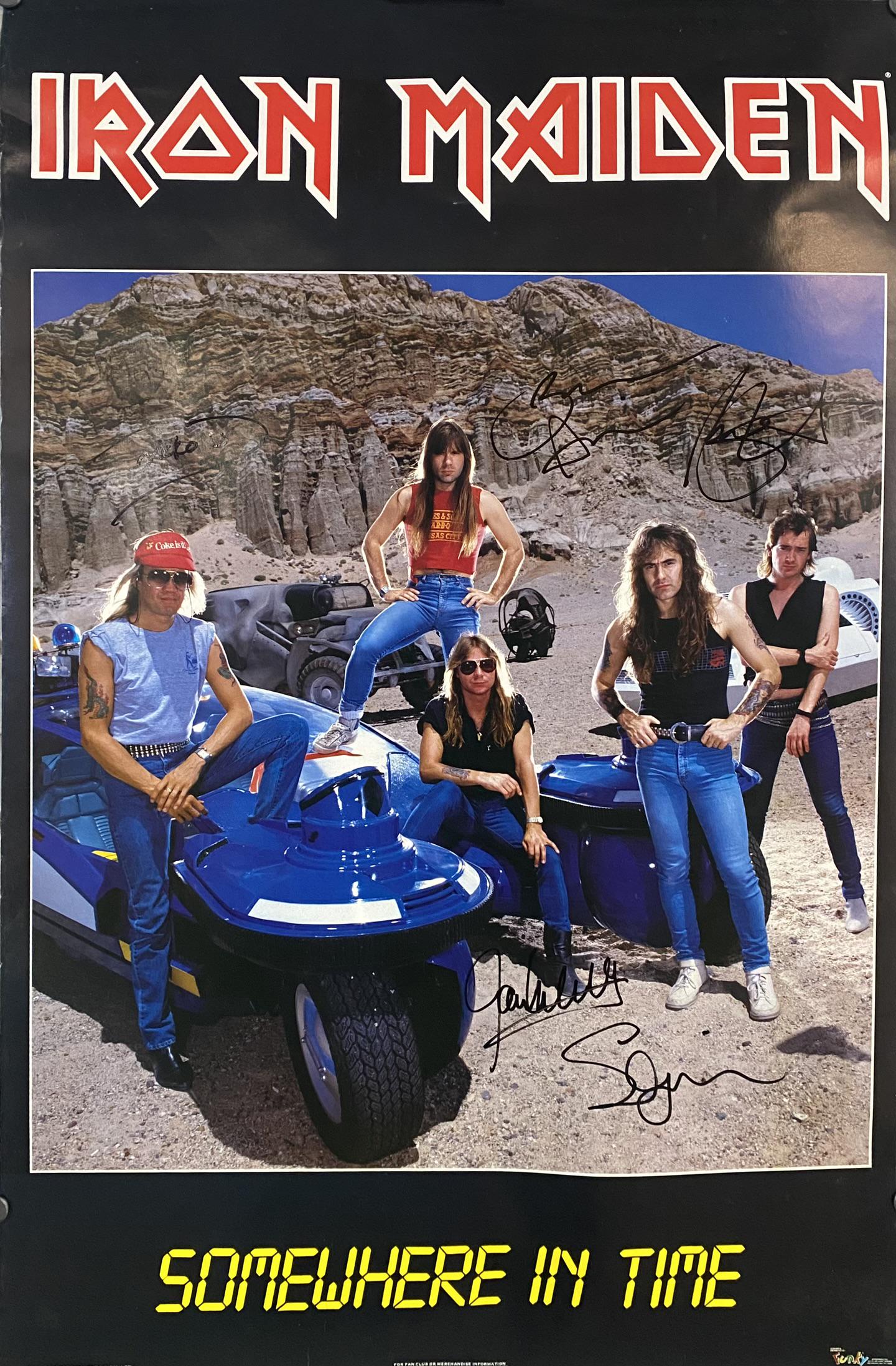 IRON MAIDEN SIGNED POSTER: 1986 SIGNED BY BRUCE DICKINSON, STEVE HARRIS, NICKO MCBRAIN, DAVE MURRAY, ADRIAN SMITH. 22"X34". PRIVATE COLLECTION, PERSONALLY RECEIVED.