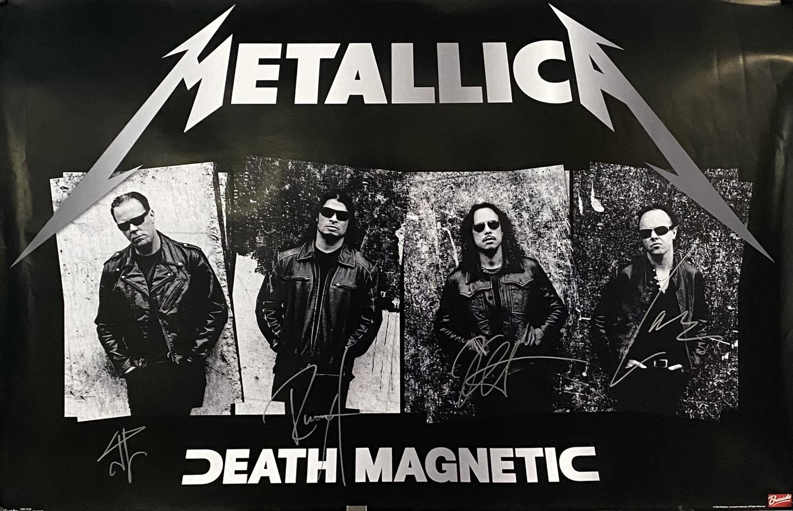 METALLICA SIGNED POSTER: DEATH MAGNETIC, 2010. SIGNED BY JAMES HETFIELD, LARS ULRICH, KIRK HAMMETT, ROBERT TRUJILLO. 22.5"X34". PRIVATE COLLECTION, PERSONALLY RECEIVED.