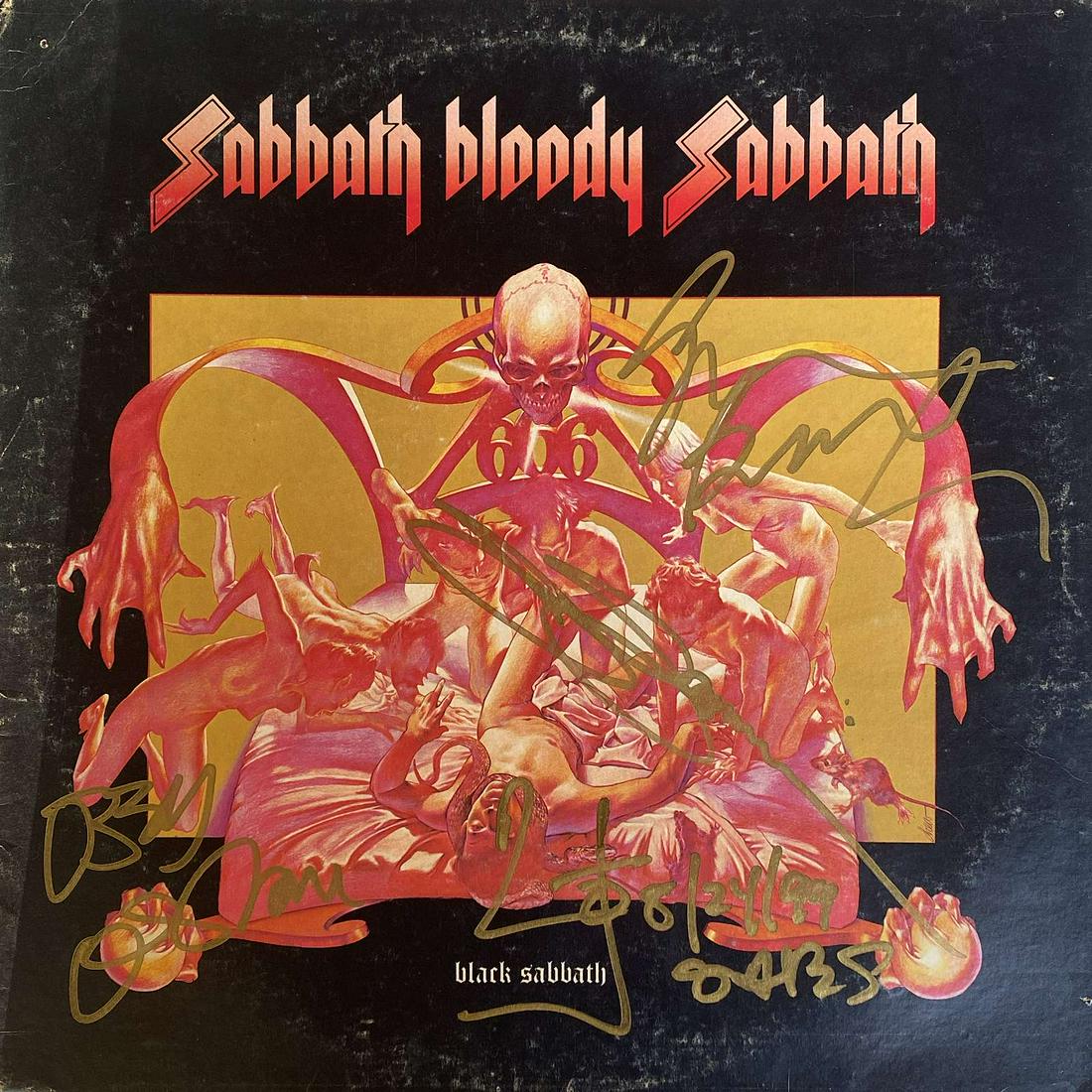 BLACK SABBATH SIGNED LP ALBUM: "SABBATH BLOODY SABBATH", 1974. SIGNED BY OZZY OSBOURNE, GEEZER BUTLER, TONY IOMMI, BILL WARD. INCLUDES ALBUM. PRIVATE COLLECTION, PERSONALLY RECEIVED.