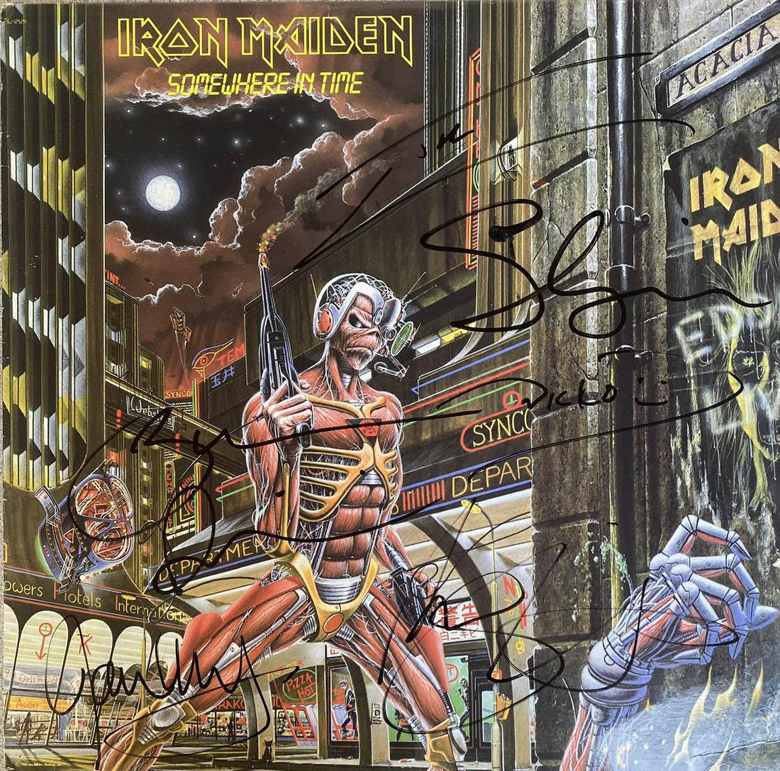 IRON MAIDEN SIGNED LP ALBUM: "SOMEWHERE IN TIME", 1986. SIGNED BY BRUCE DICKENSON, DAVE MURRAY, ADRIAN SMITH, STEVE HARRIS, NICKO MCBRAIN. INCLUDES ALBUM. PRIVATE COLLECTION, PERSONALLY RECEIVED.