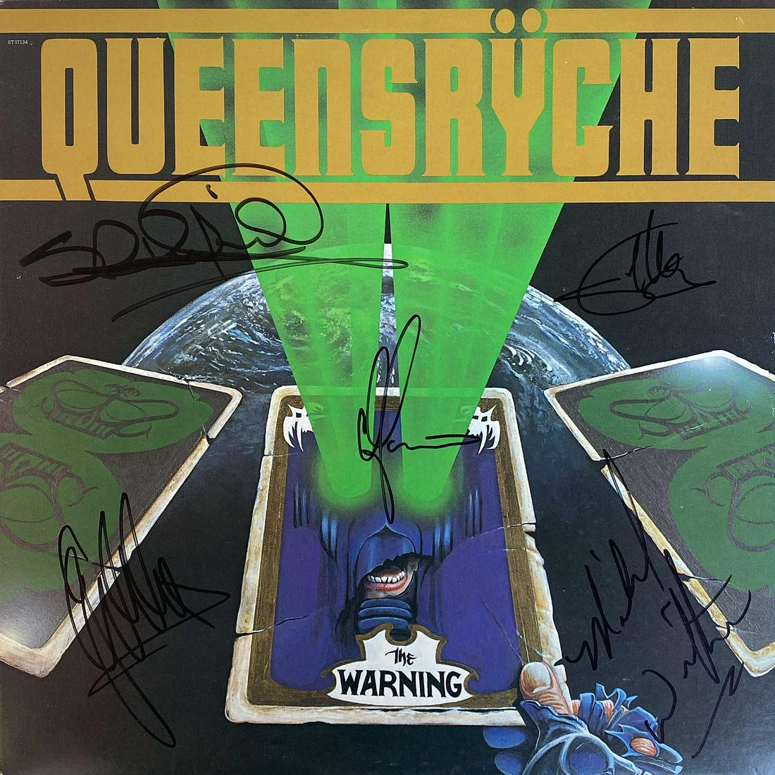 QUEENSRYCHE SIGNED LP ALBUM: "THE WARNING", 1984. SIGNED BY GEOFF TATE, CHRIS DEGARMO, MICHAEL WILTON, EDDIE JACKSON, SCOTT ROCKENFIELD. INCLUDES ALBUM. PRIVATE COLLECTION, PERSONALLY RECEIVED.
