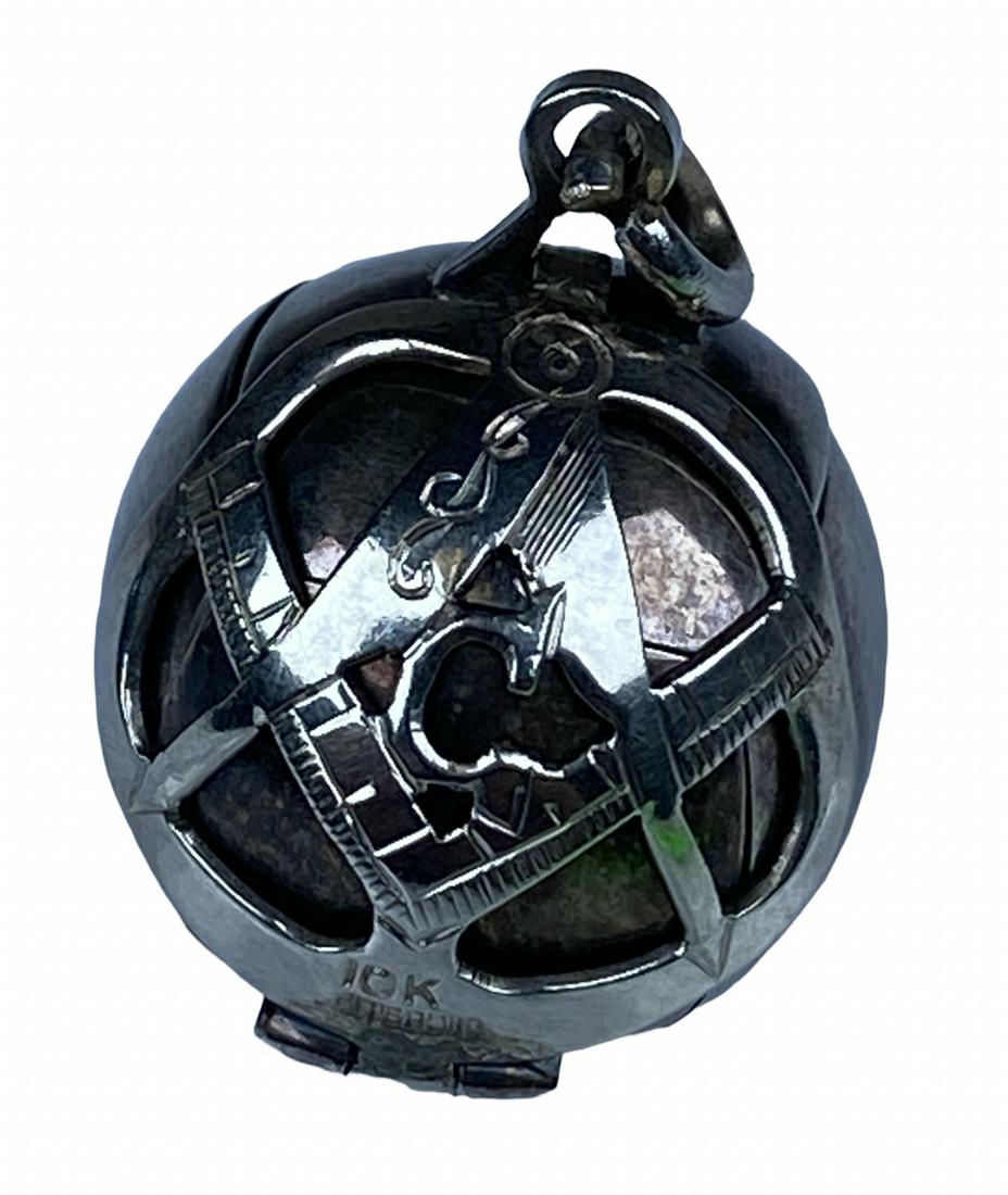 14K - STERLING SILVER MASONIC BALL FOB: 14K CLASP WITH FOLD-OPEN BALL. 16MM. 9 GRAMS.