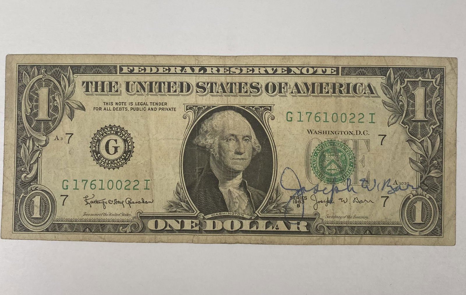 1963 U.S. $1 JOSEPH BARR SIGNED NOTE (1 of 1)