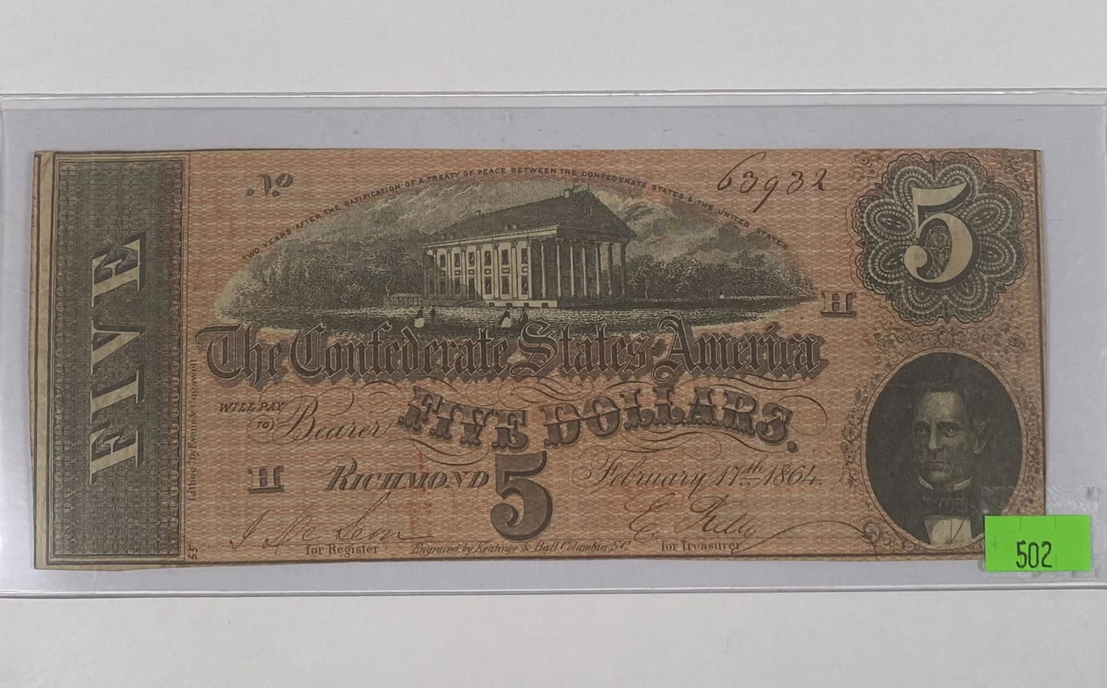 1864 CONFEDERATE $5 NOTE (1 of 1)