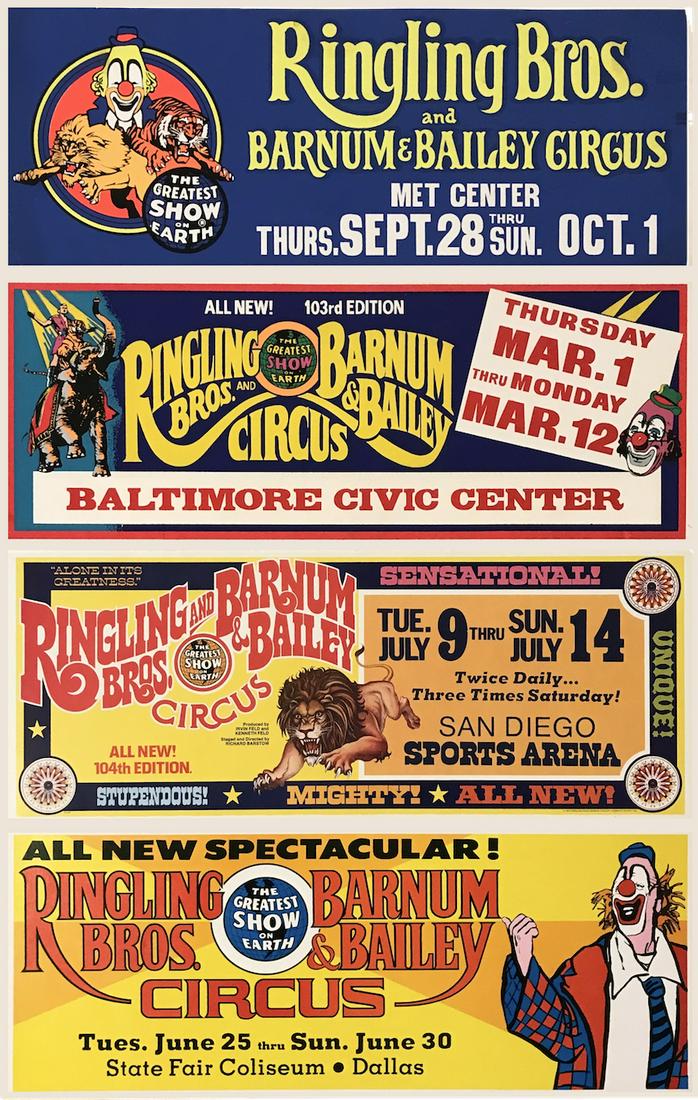 RINGLING BROS. AND BARNUM & BAILEY CIRCUS: Window Cards (each approximately 11"x28"). An assortment of 4 different cards specifically for display on busses and subway cars dated between 1972 through 1974. All cards are in A-/B- Condition.