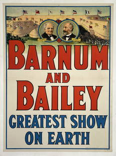 BARNUM & BAILEY CIRCUS POSTER: OWNER PORTRAITS WITH BIG TOP VIGNETTE. ONE SHEET, STROBRIDGE LITHO, 1915. PROFESSIONALLY CONSERVED, ON LINEN. IMAGE 38"X28".