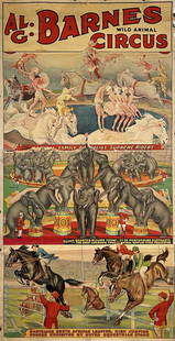 AL G. BARNES CIRCUS WILD ANIMAL POSTER: THREE SHEET - CUT-OFF MULTI-PANEL VERTICAL FEATURING THE MARVELL FAMILY - AUSTRALIA'S SUPREME RIDERS, QUARTER MILLION POUND ELEPHANT ACT, EQUESTRIAN ACT. PASTE OVER TITLE, COMPILED PANELS. ERIE