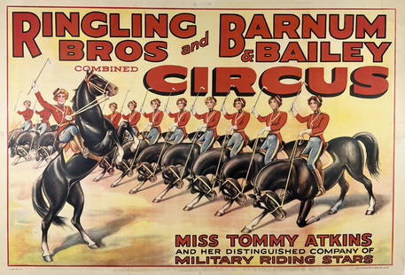 RINGLING BROS. AND BARNUM & BAILEY POSTER: MISS TOMMY ATKINS AND HER DISTINGUISHED COMPANY OF MILITARY RIDING STARS. ONE SHEET, ERIE LITHO, 1930'S. PROFESSIONALLY CONSERVED, ON LINEN. IMAGE 28"X41"