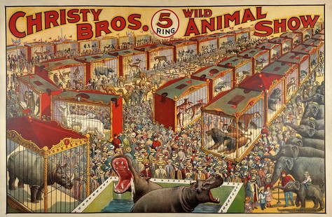 CHRISTY BROS. CIRCUS POSTER: 5-RING WILD ANIMAL SHOW - MENAGERIE SCENE. ONE SHEET, RIVERSIDE PRINT CO., C.1925. PROFESSIONALLY CONSERVED, ON LINEN. IMAGE 28"X42"