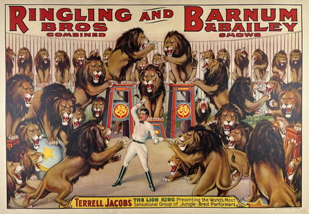 RINGLING BROS. AND BARNUM & BAILEY POSTER: TERRELL JACOBS - THE LION KING. ONE SHEET, ERIE LITHO, 1930'S. PROFESSIONALLY CONSERVED, ON LINEN. IMAGE 28"X41"