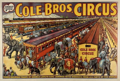 COLE BROS. CIRCUS POSTER: THREE RAILROAD TRAINS OF DOUBLE LENGTH CARS JAMMED WITH WONDERS FROM ALL PARTS OF THE WORLD. ONE SHEET, ERIE LITHO, 1930'S. PROFESSIONALLY CONSERVED, ON LINEN. IMAGE 28"X41"