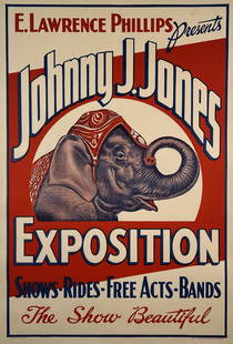 JOHNNY J. JONES EXPOSITION POSTER: SHOWS - RIDES - FREE ACTS - BANDS - THE SHOW BEAUTIFUL. ONE SHEET, ERIE LITHO, 1941. PROFESSIONALLY CONSERVED, ON LINEN. IMAGE 28"X41"