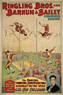 RINGLING BROS. AND BARNUM & BAILEY POSTER: THE DANCING, TUMBLING, SOMERSAULTING ACROBAT ON THE WIRE, THE GREAT CON COLLEANO. ONE SHEET, ERIE LITHO, 1929. PROFESSIONALLY CONSERVED, ON LINEN. IMAGE 28"X42"