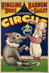 RINGLING BROS. AND BARNUM & BAILEY POSTER: SKIPPY AND BUM". ONE SHEET, ERIE LITHO, 1934. PROFESSIONALLY CONSERVED, ON LINEN. IMAGE 28"X41