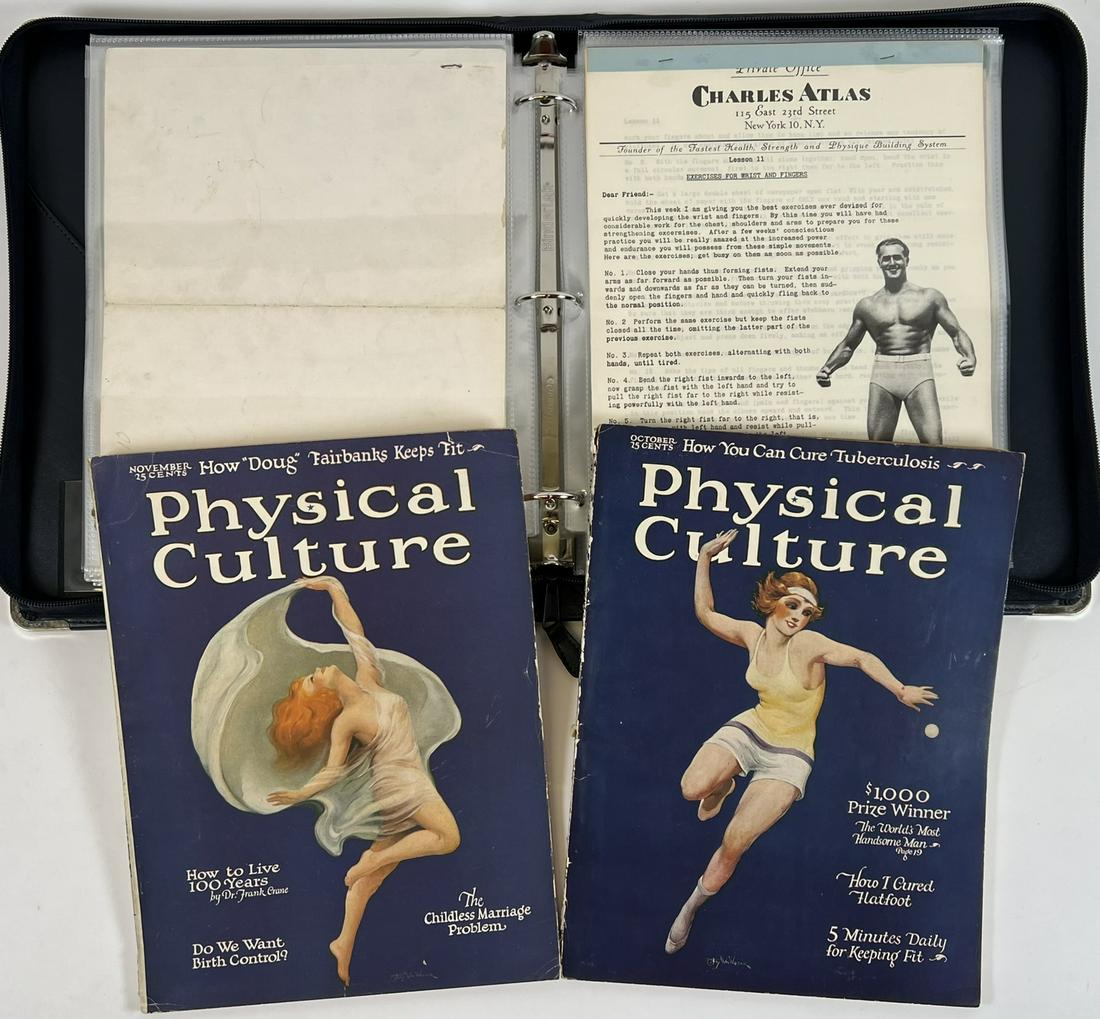 CHARLES ATLAS BODY-BUILDING MEMORABILIA: FOLIO OF CHARLES ATLAS "SYSTEM OF HEALTH" LESSONS, "EVERLASTING HEALTH AND STENGTH - REVEALING MY SECRET OF DYNAMIC TENSION" BY CHARLES ATLAS BOOKLET, MAIL ORDERS, ADVERTISING, MONEY-BACK GUARANTEE CE