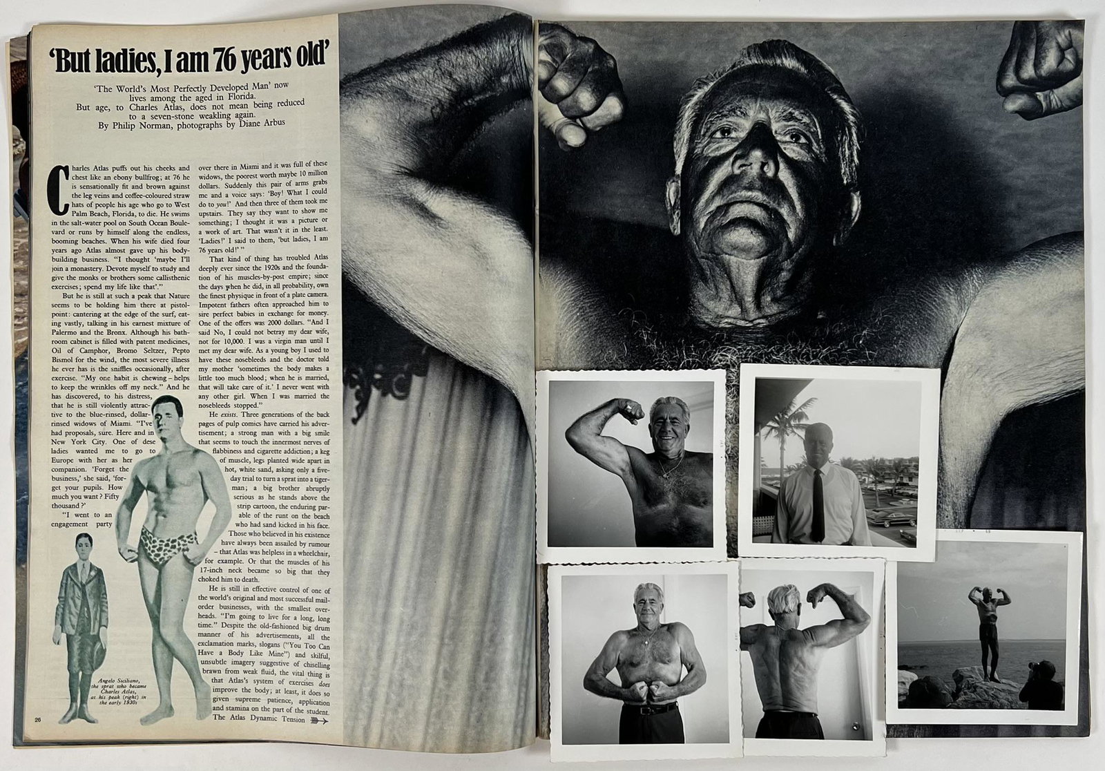 CHARLES ATLAS - DIANE ARBUS: SUNDAY TIMES MAGAZINE, OCTOBER 19, 1969, FEATURING A STORY ON ATLAS WITH SUPPLEMENTING PHOTOGRAPHS BY DIANE ARBUS. CHARLES ATLAS ESTATE