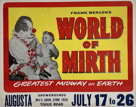 WORLD OF MIRTH WINDOW CARD: A LARGE WINDOW CARD FOR FRANK BERGEN'S WORLD OF MIRTH, GREATEST MIDWAY ON EARTH. HALF SHEET SIZE, E.J. WARNER POSTER CO. UMOUNTED, STAINING IN LOWER MARGIN, LIGHT FOXING IN FIELD. 22"X28"