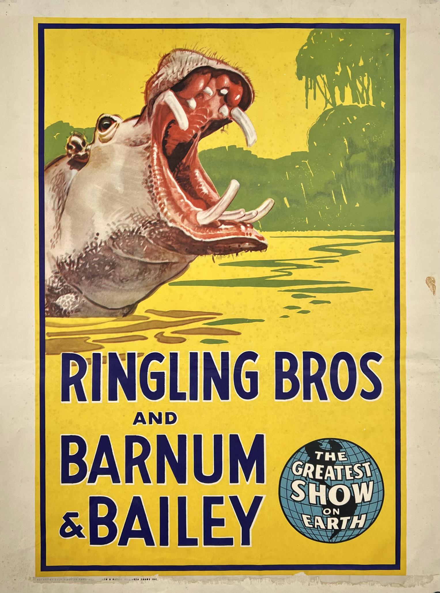 RINGLING BROS. BARNUM BAILEY CIRCUS POSTER: HIPPOPOTAMUS AT THE WATER, 1940'S. HALF SHEET, UNMOUNTED. 21"X28"