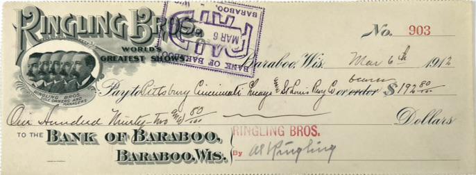 RINGLING BROS. CIRCUS SIGNED CHECK (1 of 1)