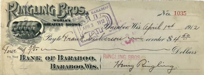RINGLING BROS. CIRCUS SIGNED CHECK (1 of 1)