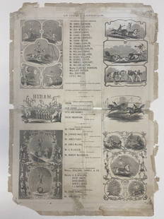 SPALDING & ROGERS FLOATING PALACE CIRCUS HERALD: 1864 TWO-SIDED HERALD. LISTING OF PERFORMERS, DIRECTORS AND PROPRIETORS SURROUNDED BY VIGNETTES OF CIRCUS PERFORMANCES. VERSO WITH VIGNETTES OF THE SPALDING & ROGERS FLOATING PALACE, WHICH WAS A