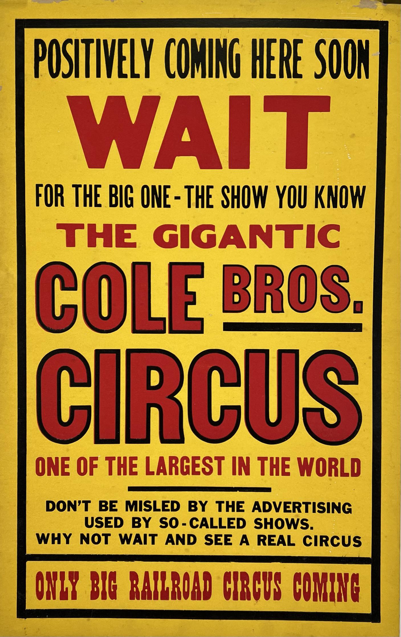 COLE BROS. CIRCUS WINDOW CARD (1 of 1)